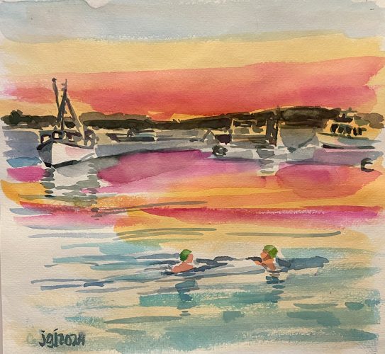 Town Landing Dipping at Sunset, Watercolor, 8 x 8, $200