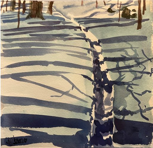 Snowy Path & Shadows, Pinkham Notch, Watercolor, close wood frame, 8 x 8, $175