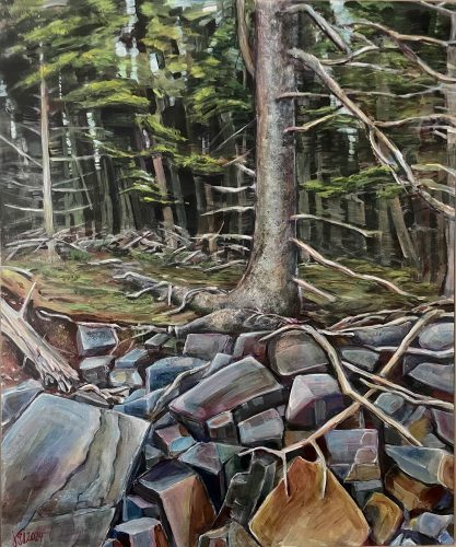 Tree Reaching to Cube Rocks, Acrylic on Canvas (Framed), 30in. x 40in., $1,900